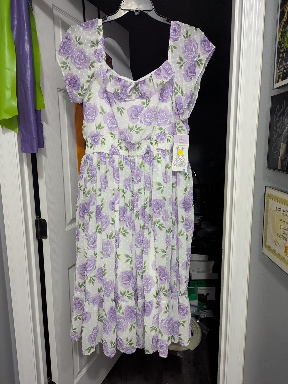 Blueberi Boulevard White Midi Dress with Lavender Floral Print